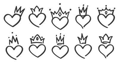 Free Vector | Hand drawn crowned hearts. doodle princess, king and queen crown on heart, sketch love crowns