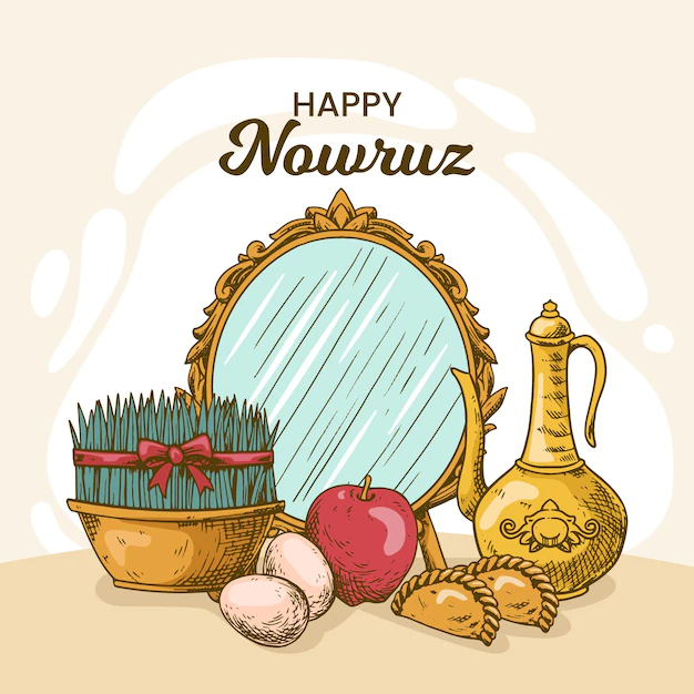 Free Vector | Hand-drawn happy nowruz illustration with sprouts and mirror