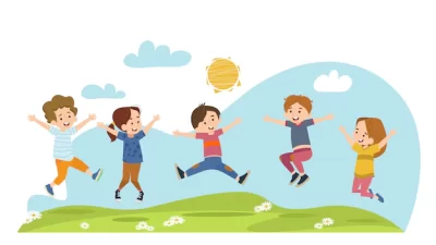 Free Vector | Happy children jumping on summer meadow