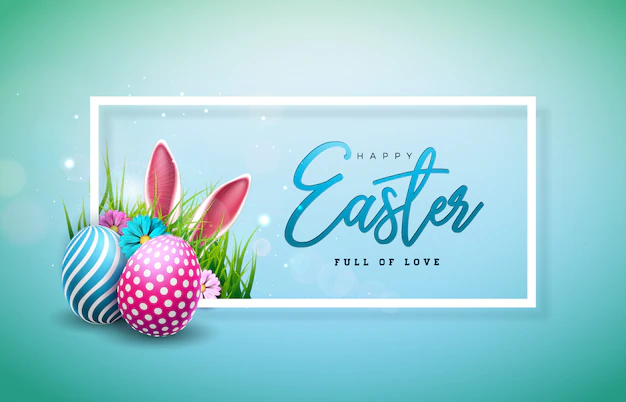Free Vector | Happy easter illustration with colorful painted egg and rabbit ears