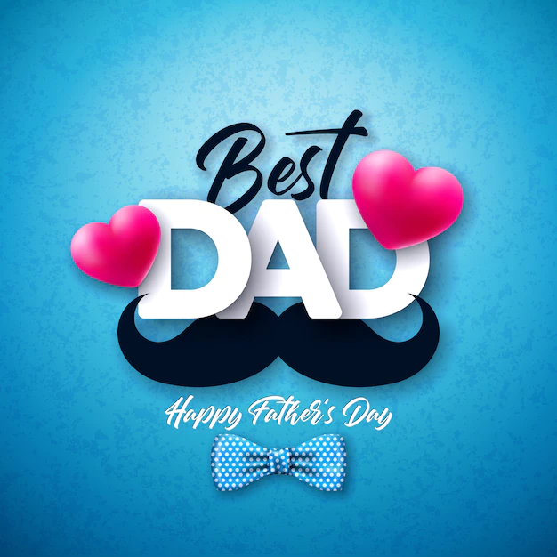 Free Vector | Happy father's day greeting card design with dotted bow tie, mustache and red heart on blue background.  celebration illustration for dad.