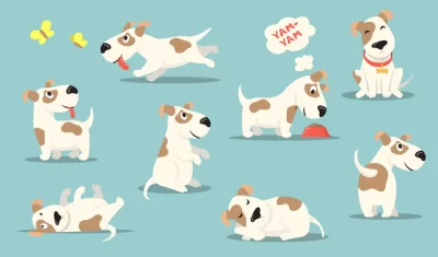 Free Vector | Happy small dog set. cute funny puppy practicing different activities, hunting, playing, eating, sleeping.
