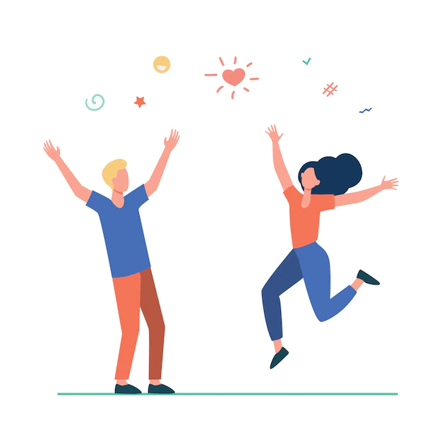 Free Vector | Happy young couple having fun. girl and guy dancing at party, celebrating good news flat illustration.