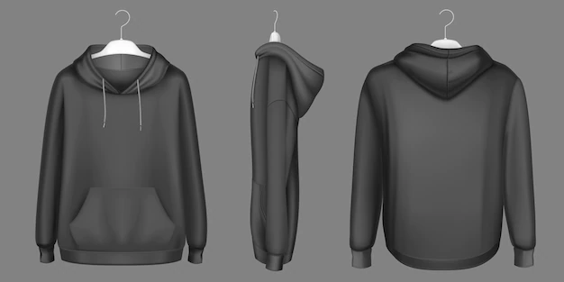 Free Vector | Hoody, black sweatshirt on hanger mock up front, side and back view. isolated hoodie with long sleeves, kangaroo muff pocket and drawstrings. sports, casual urban clothing, realistic 3d template