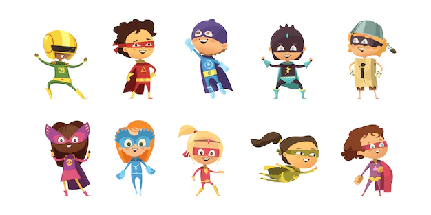 Free Vector | Kids wearing colorful costumes of different superheroes retro set isolated