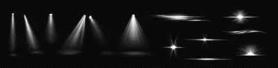 Free Vector | Light beams from spotlights and flashes isolated on transparent background. realistic set of flare effects, bright white rays and glares with sparks. shines and flares of projector