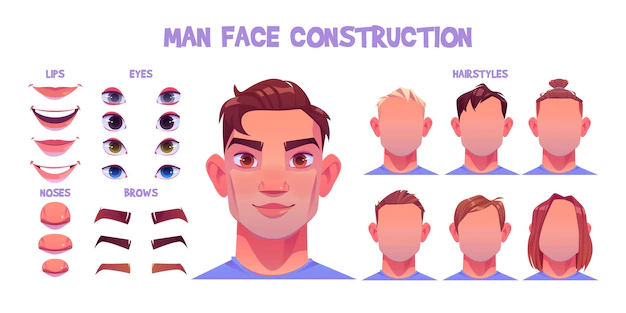 Free Vector | Man face constructor, avatar of caucasian male character creation heads, hairstyle, nose, eyes with eyebrows and lips.