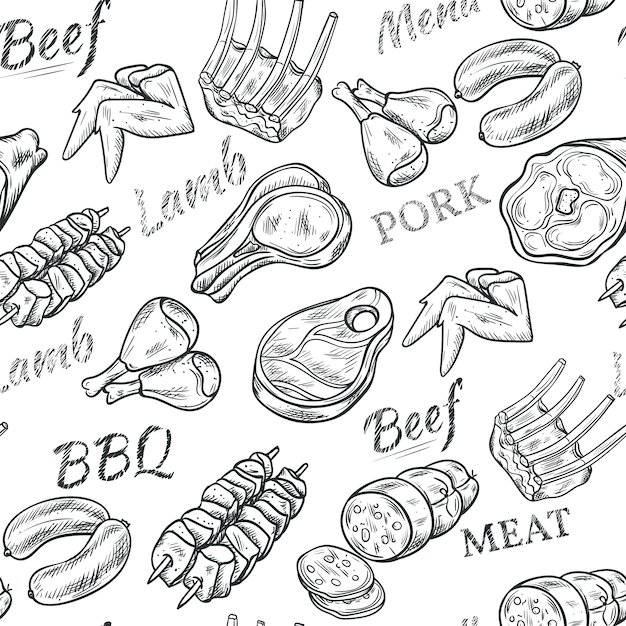 Free Vector | Meat black white sketch seamless pattern with beef and pork