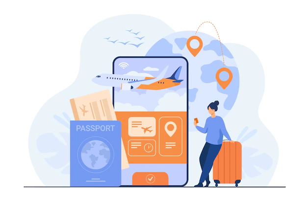Free Vector | Online app for tourism. traveler with mobile phone and passport booking or buying plane ticket.