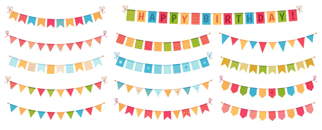 Free Vector | Party bunting. color paper triangular flags collected and draped in garlands, happy birthday buntings