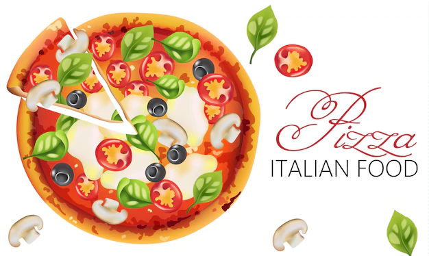 Free Vector | Pizza with basil leaves, tomatoes, sauce, mozzarella cheese, mushrooms and black olives