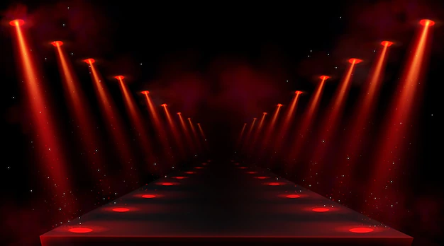Free Vector | Podium illuminated by red spotlights. empty platform or stage with beams of lamps and spots of light on floor. realistic interior of dark hall or corridor with projectors rays and smoke