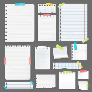 Free Vector | Realistic blank paper sheets on different size and shape stuck with colorful tape on grey background isolated vector illustration