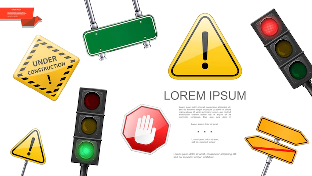 Free Vector | Realistic road and transportation concept with traffic lights signboards under construction and warning signs  illustration