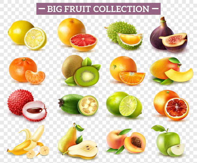 Free Vector | Realistic set of various kinds of fruits with orange kiwi pear lemon lime apple isolated on transparent