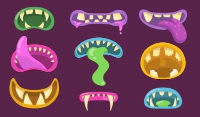 Free Vector | Scary monsters mouths set. lips with slim, horrible jaws, teeth, throat and tongues of goblin, gremlin, trolls. vector illustration for halloween creatures concepts, party stickers templates