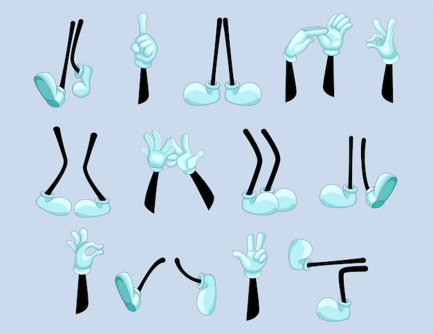 Free Vector | Set of funny arms and legs. cartoon wrists in white gloves with various gestures, feet of standing, dancing, walking character. cartoon illustration