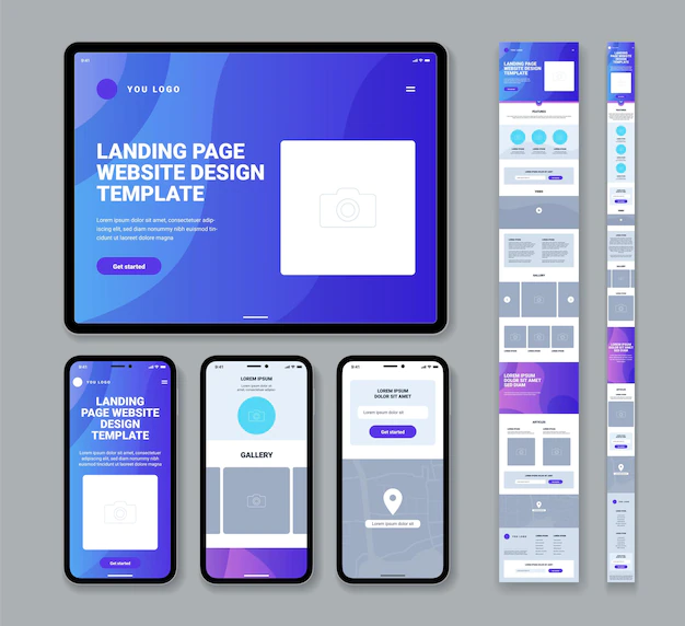 Free Vector | Set of modern website landing page design templates for mobile phone or tablet with gallery articles contact form flat isolated illustration