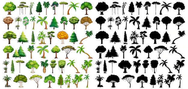 Free Vector | Set of plant and tree with its silhouette