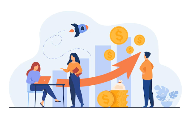 Free Vector | Startup managers presenting and analyzing sales growth chart. group of workers with heap of cash, rocket, bar diagrams with arrow and heap of money