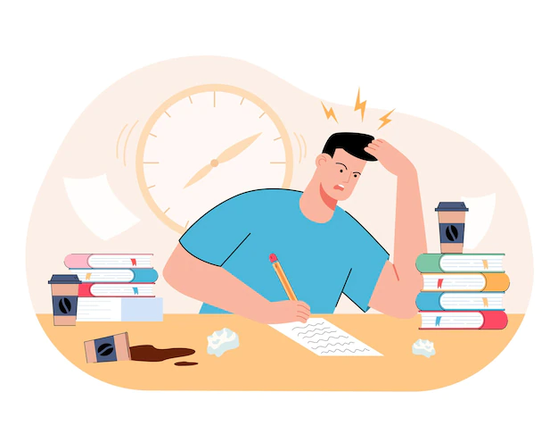 Free Vector | Stressed millennial guy studying before college exams. distressed student meeting deadline doing assignment preparing for test at home with books. flat illustration