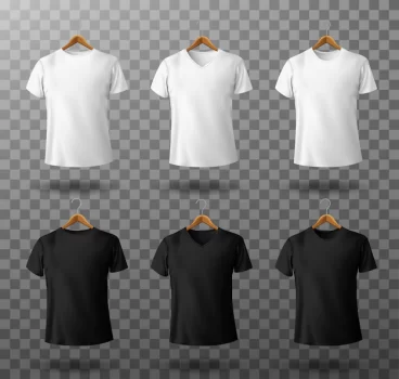 Free Vector | T-shirt mockup black and white male t shirt with short sleeves on wooden hangers template front view.