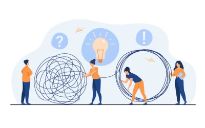 Free Vector | Team of crisis managers solving businessman problems. employees with lightbulb unraveling tangle. vector illustration for teamwork, solution, management concept