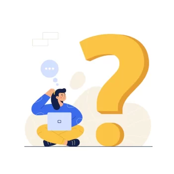 Free Vector | Thoughtful woman with laptop looking at big question mark