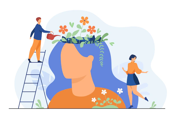 Free Vector | Tiny people and beautiful flower garden inside female head isolated flat illustration.