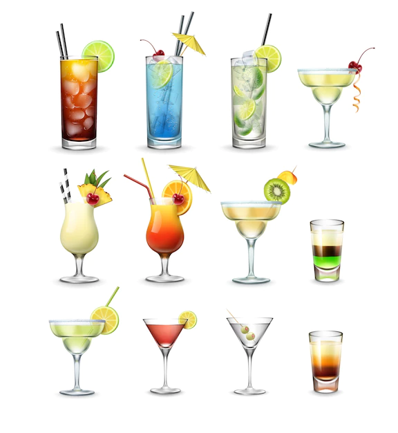 Free Vector | Vector set of popular cocktails and shots cuba libre, blue lagoon, mojito, margarita, pina colada, tequila sunrise, cosmopolitan, martini isolated on white background