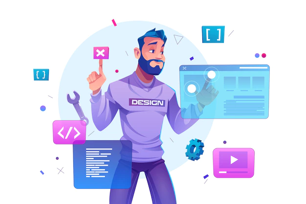 Free Vector | Web development, programmer engineering and coding website on augmented reality interface screens. developer project engineer programming software or application design, cartoon illustration