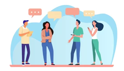 Free Vector | Young people standing and talking each other. speech bubble, smartphone, girl flat vector illustration. communication and discussion