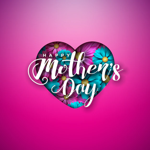 Free Vector | Happy mother's day greeting card design with flowers in heart and typography letter on pink background.