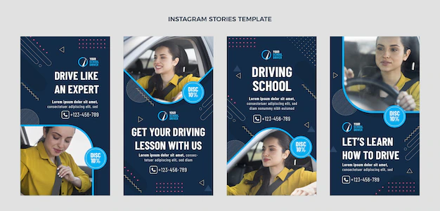 Free Vector | Flat driving school instagram stories collection