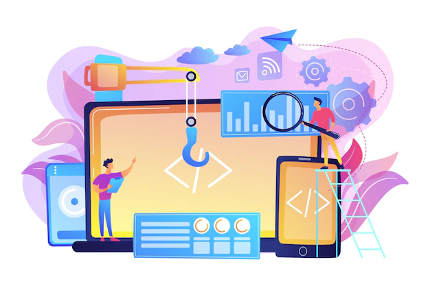 Free Vector | Engineer and developer with laptop and tablet code. cross-platform development, cross-platform operating systems and software environments concept. bright vibrant violet  isolated illustration