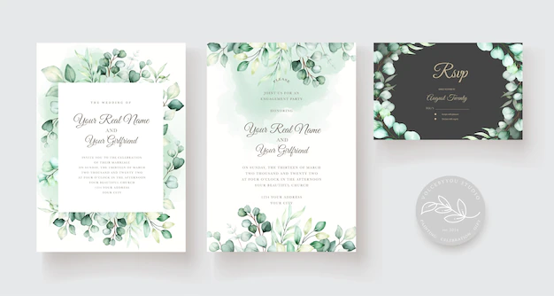 Free Vector | Wedding invitation template with eucalyptus leaves set