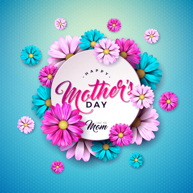 Free Vector | Happy mother's day greeting card design with flower and typography letter on blue background.   celebration illustration template for banner, flyer, invitation, brochure, poster.