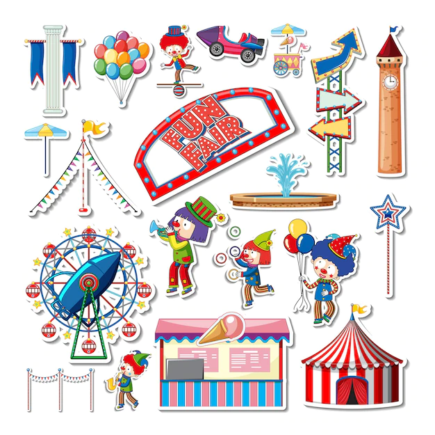 Free Vector | Sticker set of amusement park objects and cartoon characters