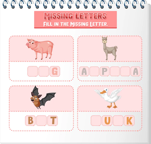Free Vector | Fill the missing letter of each word worksheet for children
