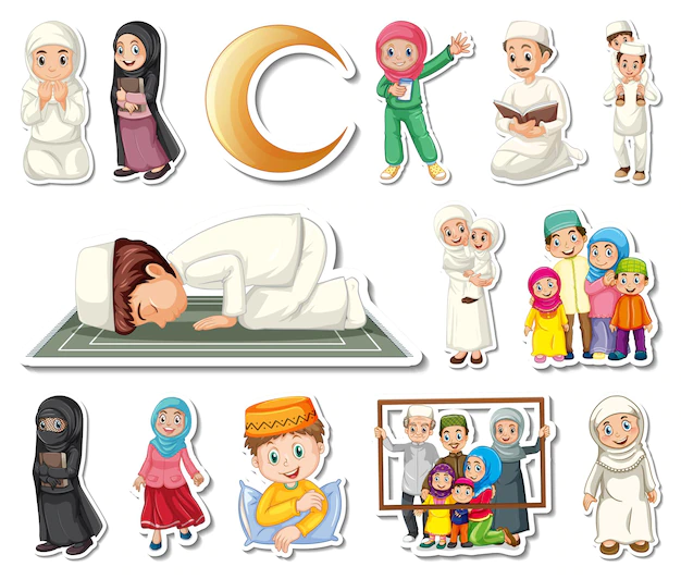 Free Vector | Sticker set of islamic religious symbols and cartoon characters