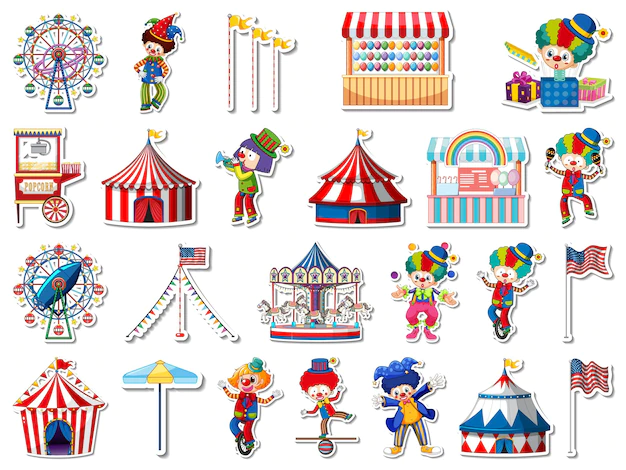 Free Vector | Sticker set of amusement park and fun fair objects