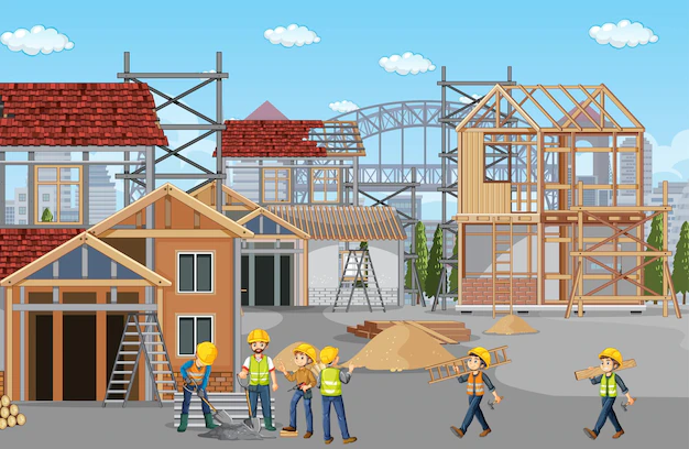 Free Vector | Building construction site with workers