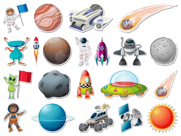 Free Vector | Sticker set of outer space objects and astronauts