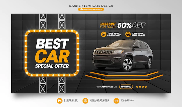 Free PSD | Best car special offer banner discount for today 50 off in black and orange background