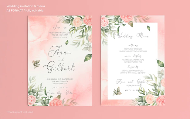 Free PSD | Romantic watercolor wedding invitation and menu template