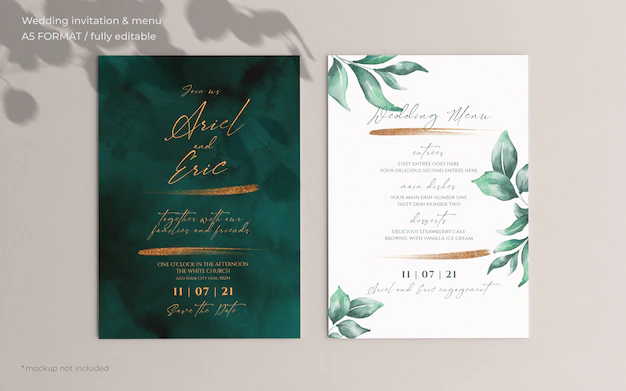 Free PSD | Wedding invitation and menu template with beautiful leaves