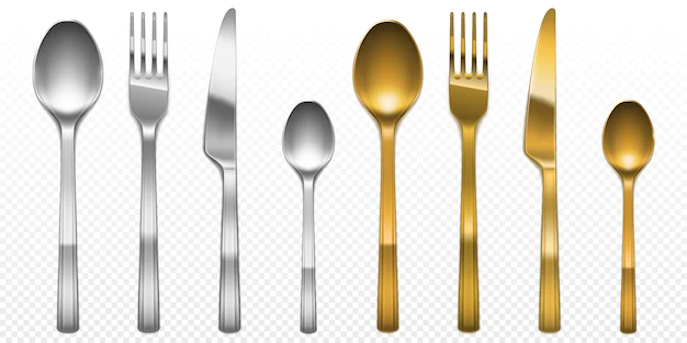 Free Vector | 3d cutlery of golden and silver color fork, knife and spoon set. silverware and gold utensil, catering luxury metal tableware top view isolated on transparent background, realistic illustration