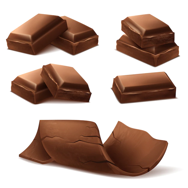 Free Vector | 3d realistic chocolate pieces. brown delicious bars and chocolate shavings f