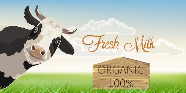 Free Vector | A cow with black spots with a meadow in background. organic fresh milk.