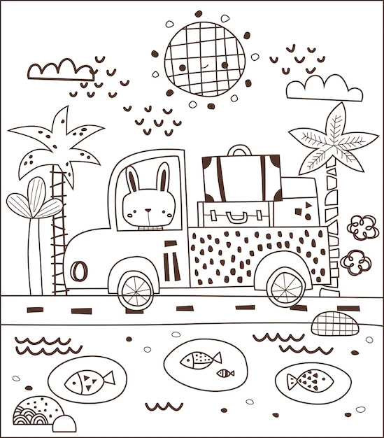 Free Vector | A cute bunny travelling with a truck in black and white colouring